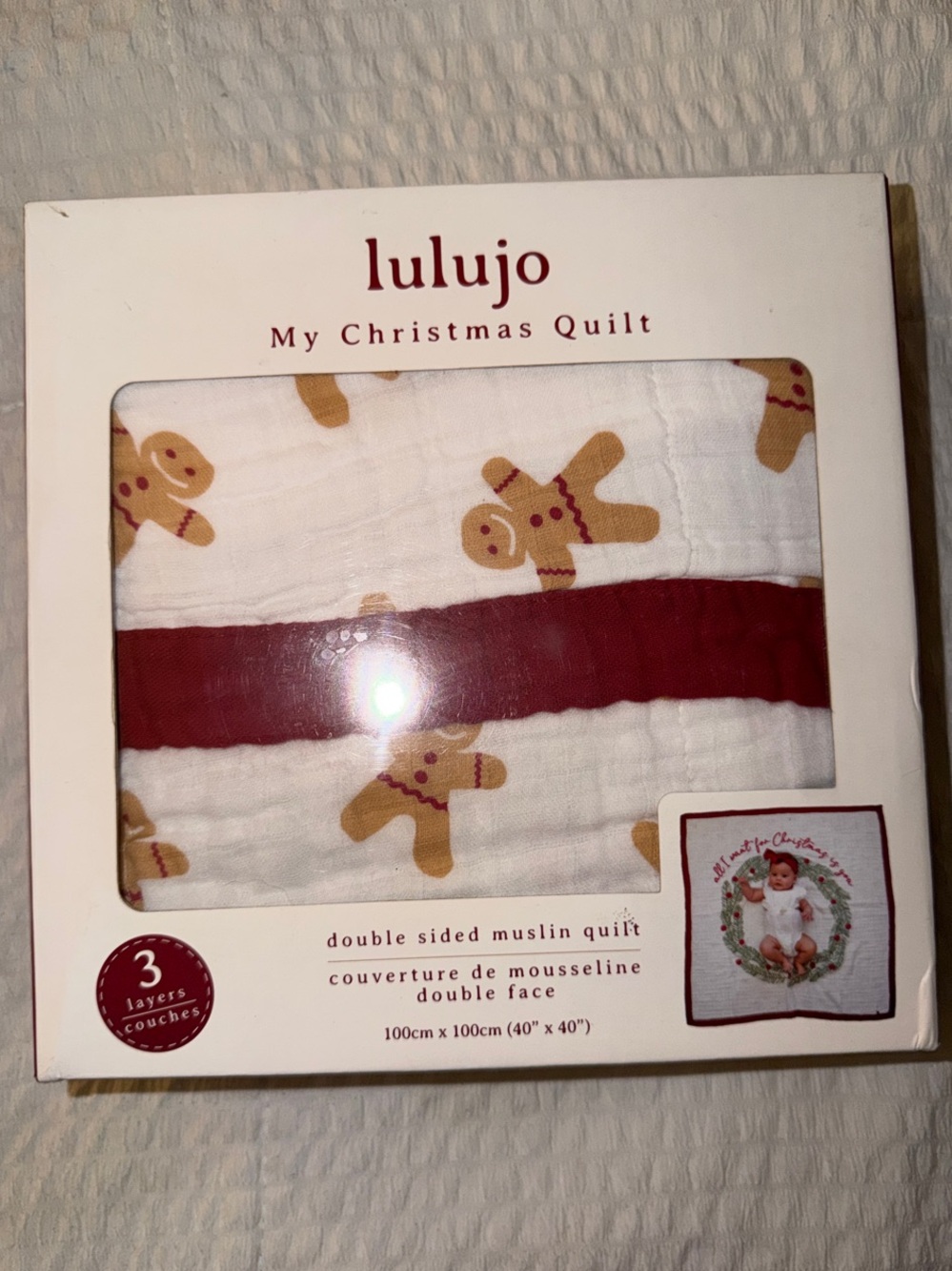 Lulujo Christmas Muslin Quilt - White with Gingerbread & Red Stripe